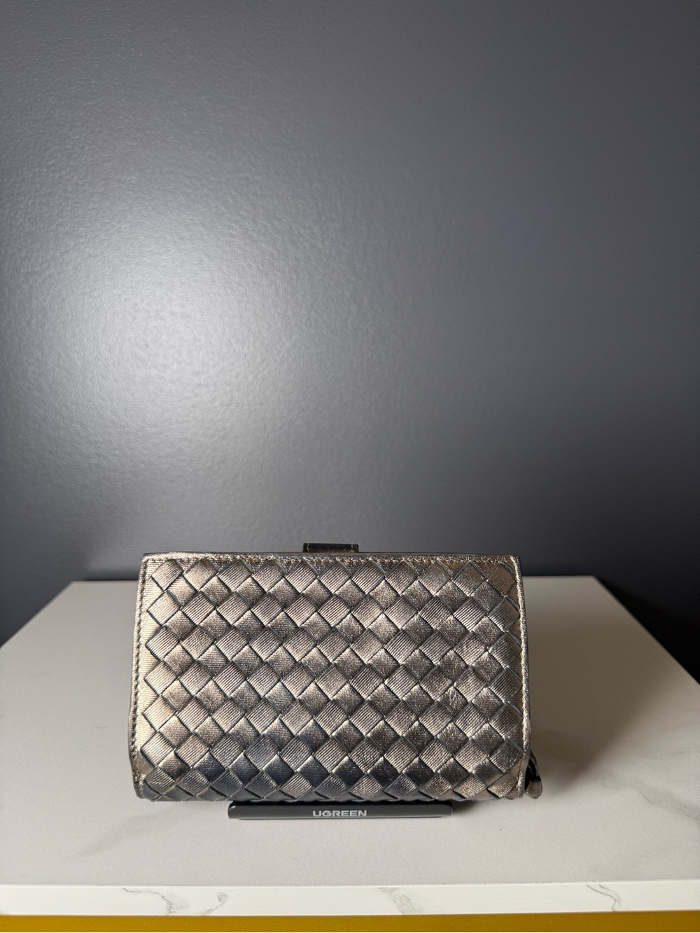 Bottega Veneta Metallic Woven Card Wallet - Silver - Picture 2 of 6